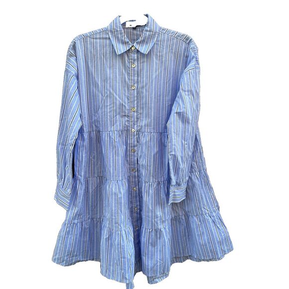 Pomander Place Shades of Blue Striped Cara Tiered Shirt‎ Dress Size XS